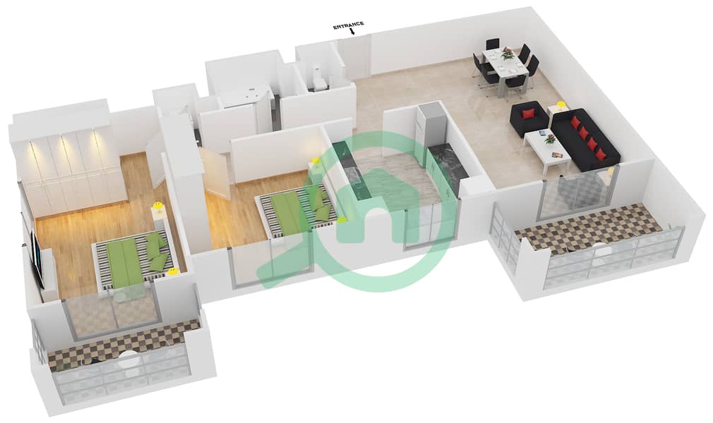 阿齐兹费鲁兹公寓 - 2 卧室公寓类型／单位1B UNIT 01/FLOOR 3 - 11戶型图 Floor 3 - 11 interactive3D