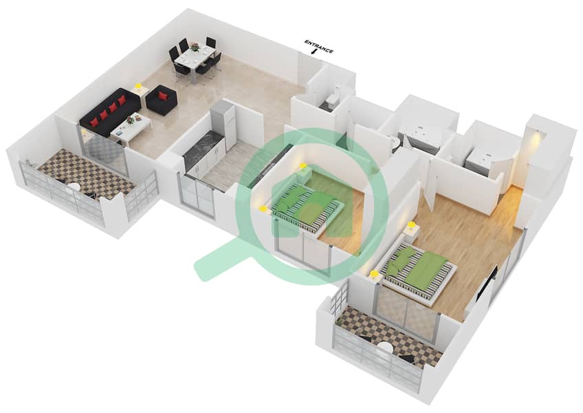 المخططات الطابقية لتصميم النموذج / الوحدة 2B UNIT 02/FLOOR 3 - 11 شقة 2 غرفة نوم - عزيزي فيروز Floor 3 - 11 interactive3D