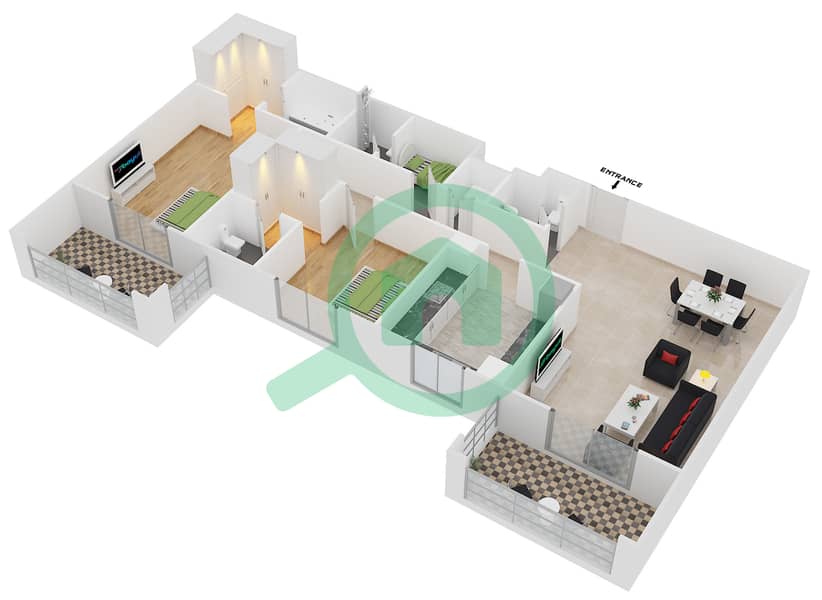 المخططات الطابقية لتصميم النموذج / الوحدة 3B UNIT 03/FLOOR 2 شقة 2 غرفة نوم - عزيزي فيروز Floor 2 interactive3D