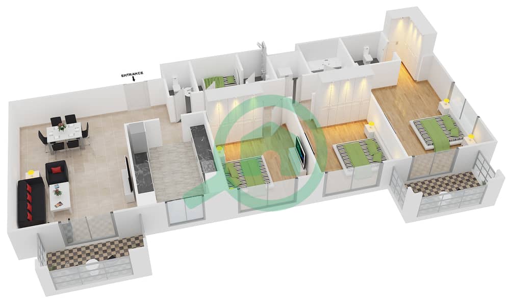 المخططات الطابقية لتصميم النموذج / الوحدة 1C UNIT 09/FLOOR 3 - 11 شقة 3 غرف نوم - عزيزي فيروز Floor 3 - 11 interactive3D