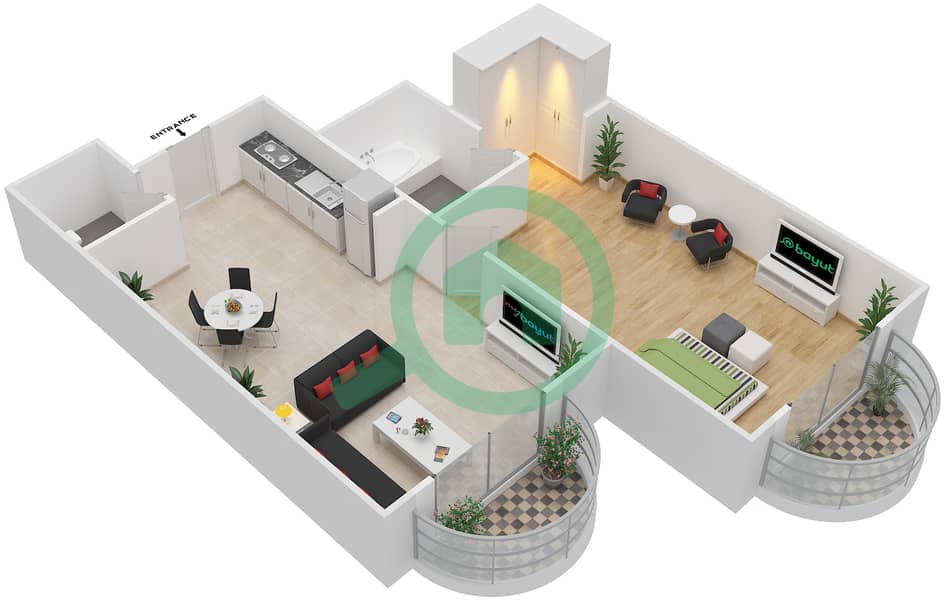 المخططات الطابقية لتصميم النموذج D شقة 1 غرفة نوم - برج ليك سايد A interactive3D