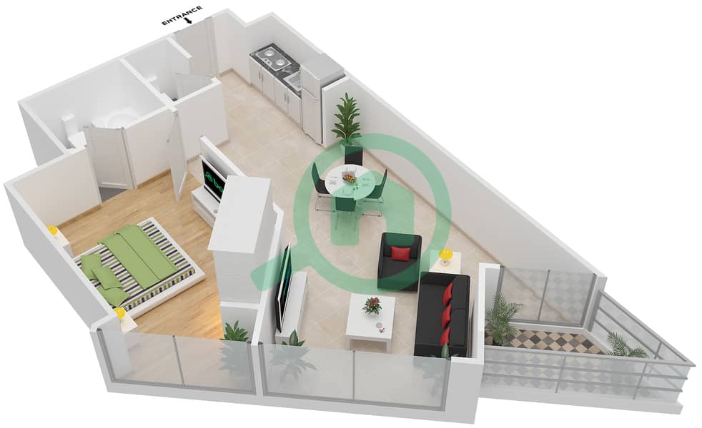 المخططات الطابقية لتصميم النموذج B شقة 1 غرفة نوم - برج ليك سايد A interactive3D