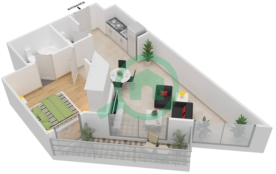 المخططات الطابقية لتصميم النموذج E شقة 1 غرفة نوم - برج ليك سايد A interactive3D