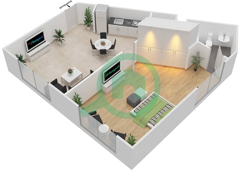 المخططات الطابقية لتصميم النموذج C شقة 1 غرفة نوم - برج ليك سايد A interactive3D