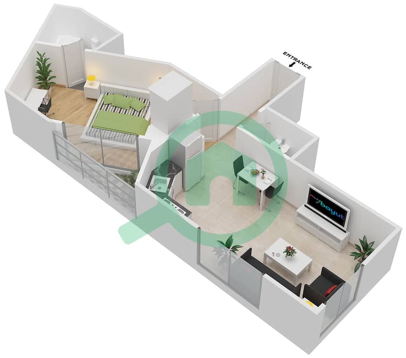 المخططات الطابقية لتصميم النموذج A شقة 1 غرفة نوم - برج ليك سايد A interactive3D