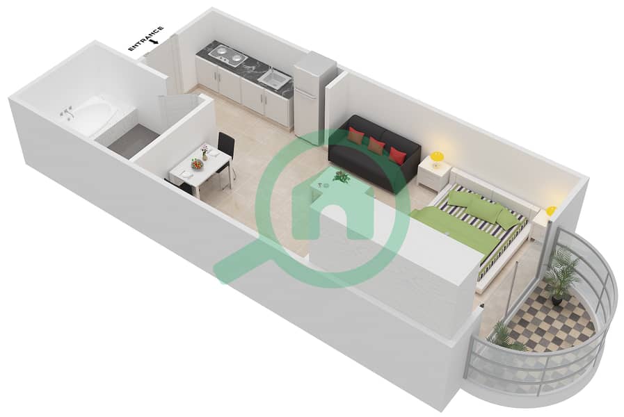 المخططات الطابقية لتصميم النموذج A شقة استوديو - برج ليك سايد A interactive3D