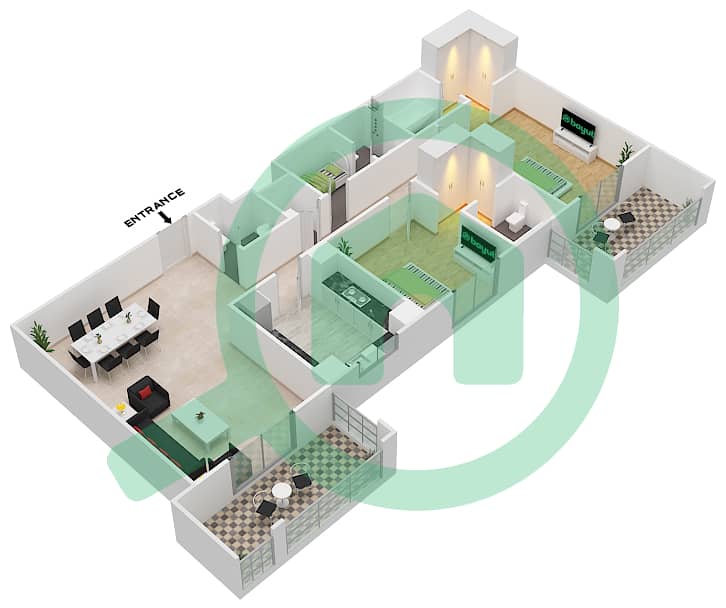 المخططات الطابقية لتصميم النموذج / الوحدة 4B UNIT 04/FLOOR 3 - 11 شقة 2 غرفة نوم - عزيزي فيروز Floor 3 - 11 interactive3D