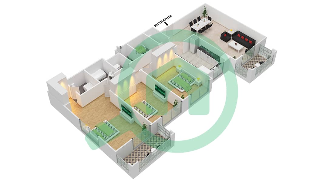 المخططات الطابقية لتصميم النموذج / الوحدة 2C UNIT 10/FLOOR 3 - 11 شقة 3 غرف نوم - عزيزي فيروز Floor 3 - 11 interactive3D