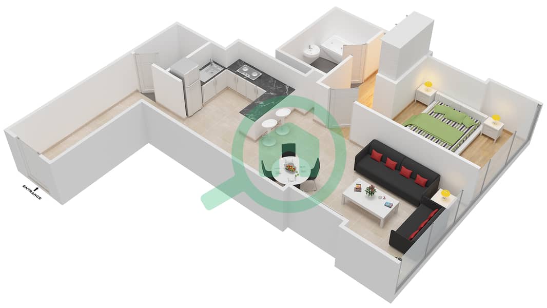 المخططات الطابقية لتصميم النموذج 1A شقة 1 غرفة نوم - سكاي جاردنز interactive3D