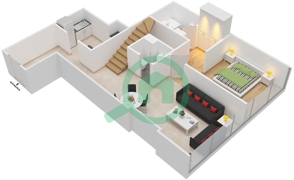DIFC空中花园 - 2 卧室公寓类型D2A戶型图 Lower Floor interactive3D