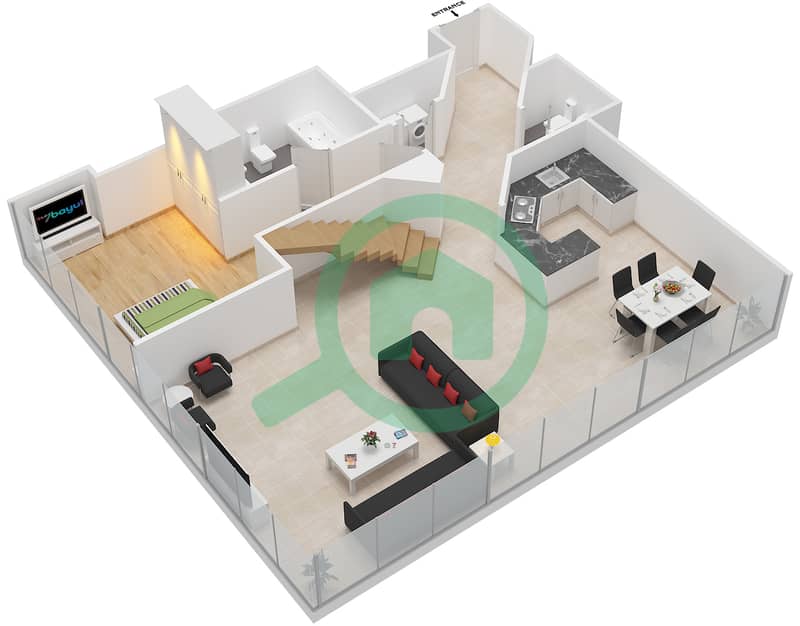 DIFC空中花园 - 2 卧室公寓类型D3A戶型图 Lower Floor interactive3D