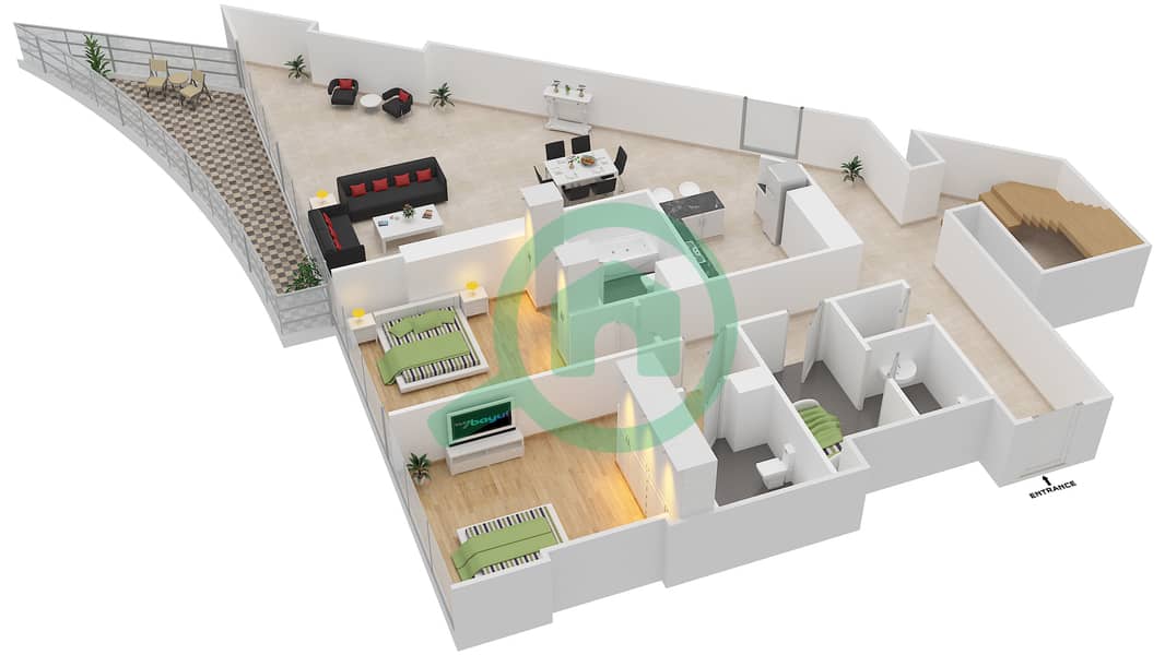 DIFC空中花园 - 3 卧室公寓类型D3B戶型图 Lower Floor interactive3D