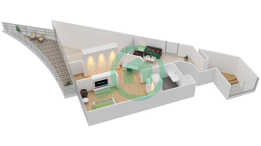 DIFC空中花园 - 3 卧室公寓类型D3B戶型图 Upper Floor interactive3D
