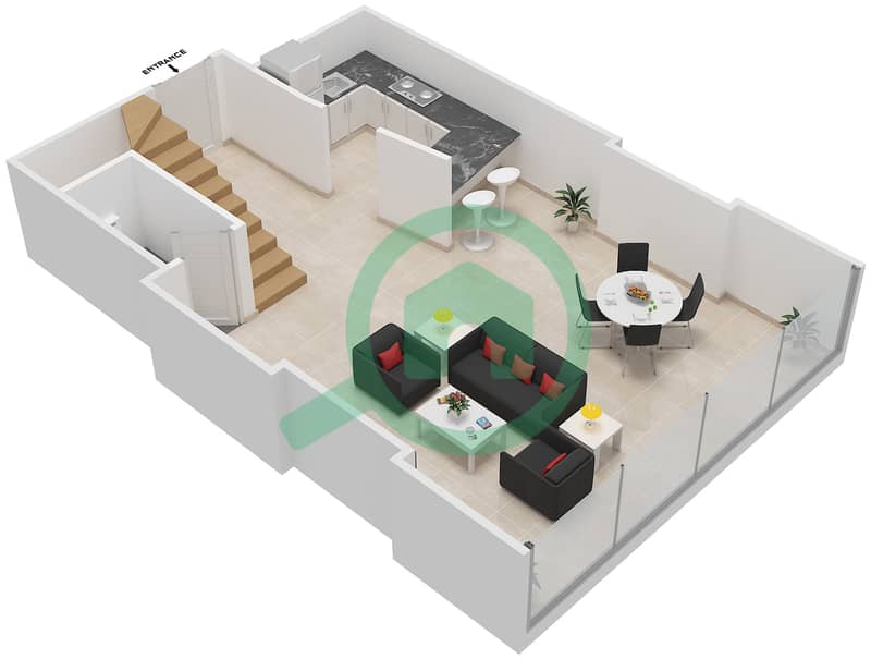 المخططات الطابقية لتصميم النموذج D1B شقة 1 غرفة نوم - سكاي جاردنز Lower Floor interactive3D