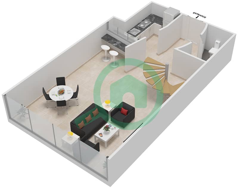 المخططات الطابقية لتصميم النموذج D1C شقة 1 غرفة نوم - سكاي جاردنز Lower Floor interactive3D