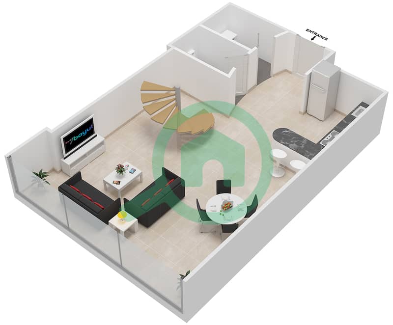 DIFC空中花园 - 2 卧室公寓类型02B戶型图 Lower Floor interactive3D