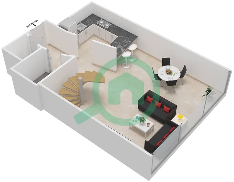 المخططات الطابقية لتصميم النموذج D شقة 1 غرفة نوم - سكاي جاردنز Lower Floor interactive3D