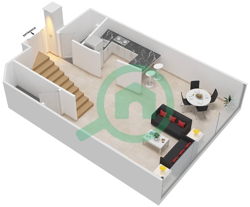 DIFC空中花园 - 1 卧室公寓类型E戶型图 Lower Floor interactive3D
