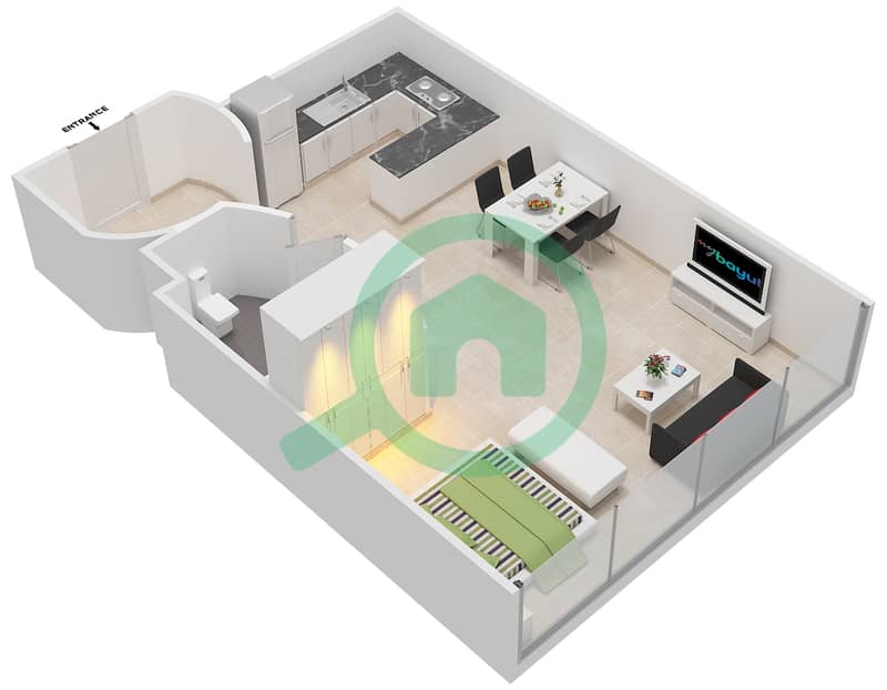 المخططات الطابقية لتصميم النموذج B شقة استوديو - سكاي جاردنز interactive3D