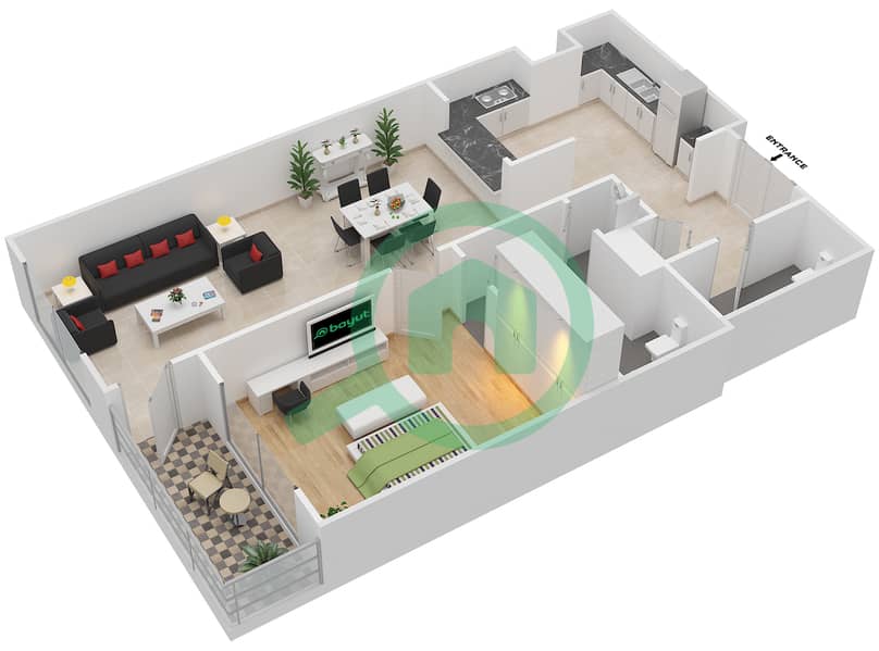 المخططات الطابقية لتصميم الوحدة 4-01 شقة 1 غرفة نوم - منازل الخور Floor 4 interactive3D