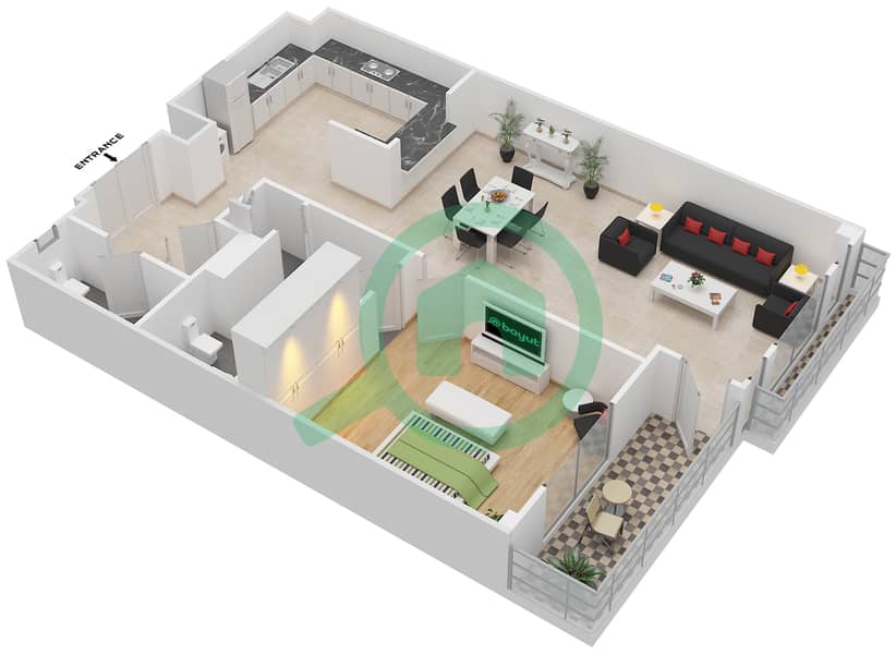 المخططات الطابقية لتصميم الوحدة 4-12,G-07 شقة 1 غرفة نوم - منازل الخور Floor 4 interactive3D
