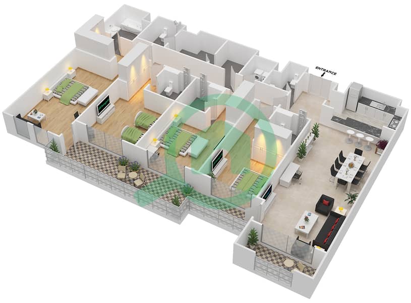 马纳泽尔-阿尔霍尔住宅集群 - 4 卧室公寓单位3-11,G-07戶型图 Floor 3 interactive3D