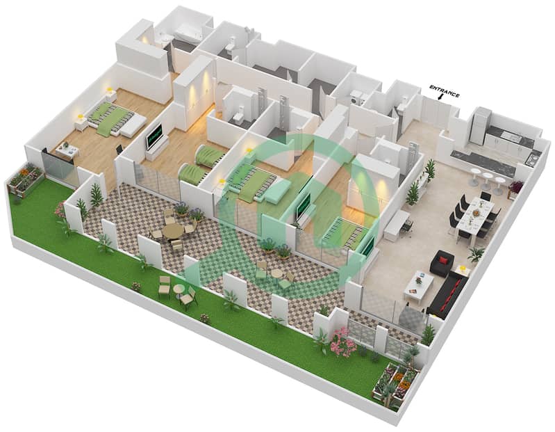 المخططات الطابقية لتصميم الوحدة G-21 شقة 4 غرف نوم - منازل الخور Ground Floor interactive3D