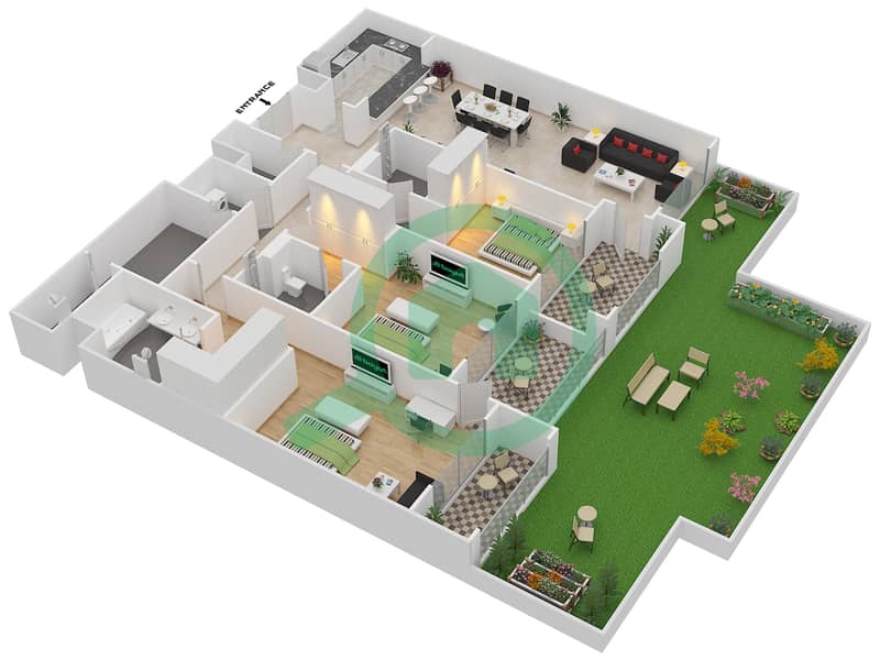 马纳泽尔-阿尔霍尔住宅集群 - 3 卧室公寓单位G-06戶型图 Ground Floor interactive3D