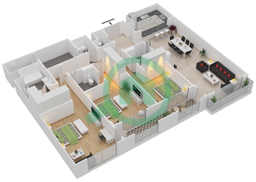 Manazel Al Khor - 3 Bedroom Apartment Unit 3-12 Floor plan Floor 3 interactive3D