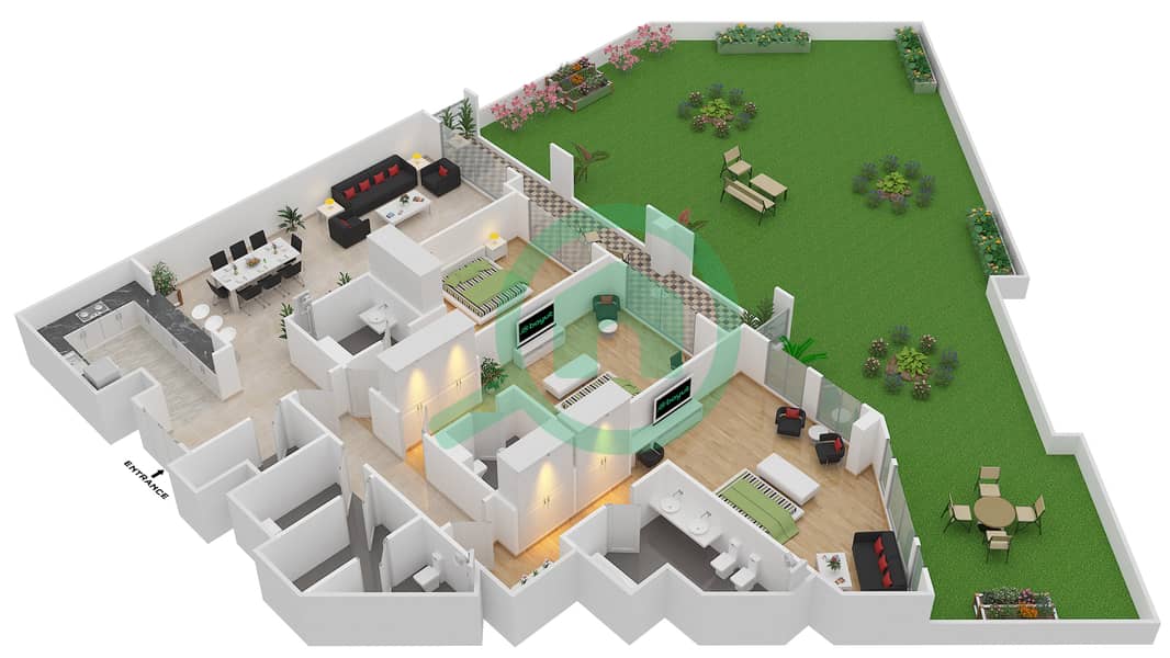 马纳泽尔-阿尔霍尔住宅集群 - 3 卧室公寓单位G-04戶型图 Ground Floor interactive3D