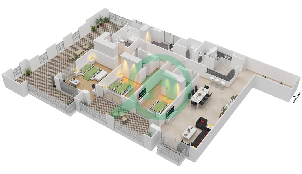 Manazel Al Khor - 3 Bedroom Apartment Unit 1-12 Floor plan Floor 1 interactive3D