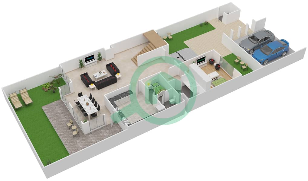 المخططات الطابقية لتصميم النموذج A تاون هاوس 4 غرف نوم - خزامة Ground Floor interactive3D