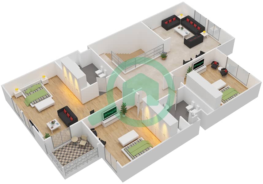 المخططات الطابقية لتصميم النموذج A تاون هاوس 4 غرف نوم - خزامة First Floor interactive3D