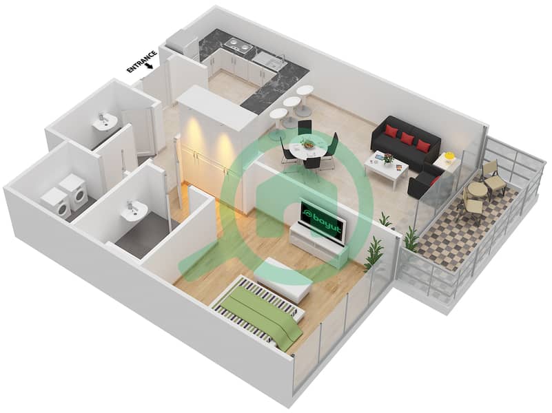 Гардиан Тауэрс - Апартамент 1 Спальня планировка Тип 3 interactive3D