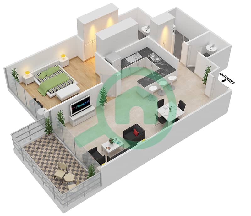 المخططات الطابقية لتصميم النموذج 5 شقة 1 غرفة نوم - أبراج الجارديان interactive3D
