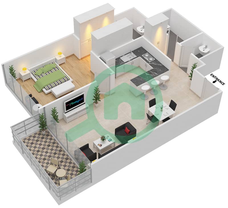 Гардиан Тауэрс - Апартамент 1 Спальня планировка Тип 11 interactive3D