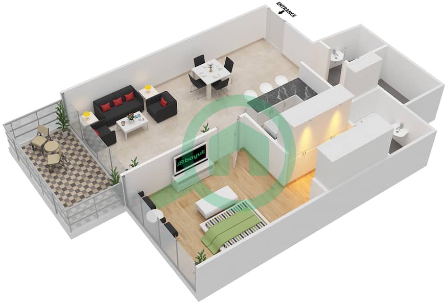 Гардиан Тауэрс - Апартамент 1 Спальня планировка Тип 6 interactive3D