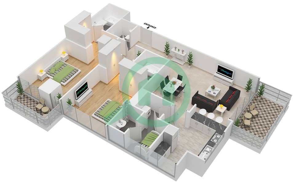 المخططات الطابقية لتصميم النموذج 1 شقة 2 غرفة نوم - أبراج الجارديان interactive3D