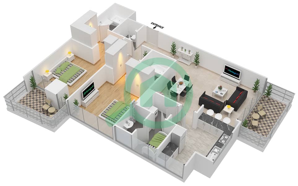 المخططات الطابقية لتصميم النموذج 7 شقة 2 غرفة نوم - أبراج الجارديان interactive3D