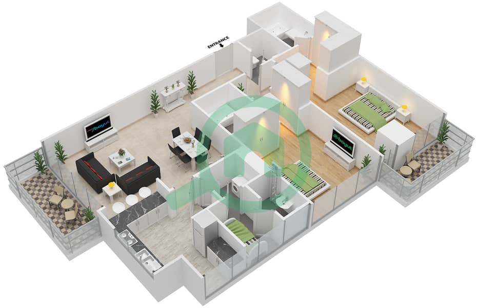 المخططات الطابقية لتصميم النموذج 2 شقة 2 غرفة نوم - أبراج الجارديان interactive3D