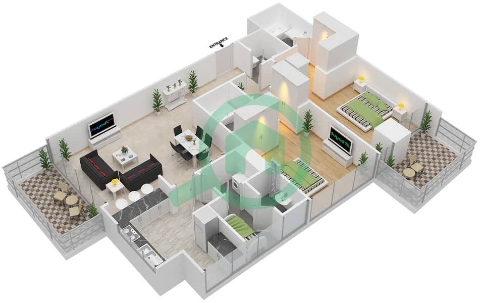 المخططات الطابقية لتصميم النموذج 8 شقة 2 غرفة نوم - أبراج الجارديان interactive3D