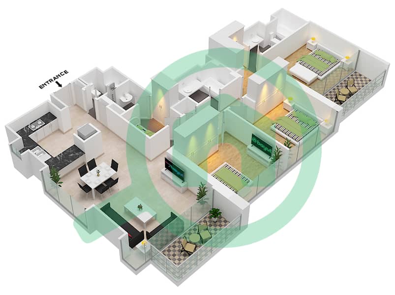 溪畔18号B座 - 3 卧室公寓单位05 / FLOOR 2-16,18-33戶型图 interactive3D