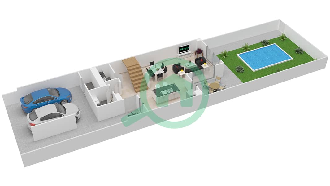 Yas Acres - 2 Bedroom Townhouse Type 2M Floor plan Ground Floor interactive3D