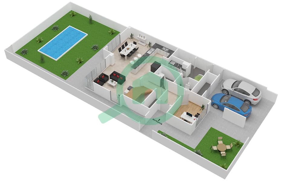 المخططات الطابقية لتصميم النموذج 3EA تاون هاوس 3 غرف نوم - ياس ايكرز Ground Floor interactive3D