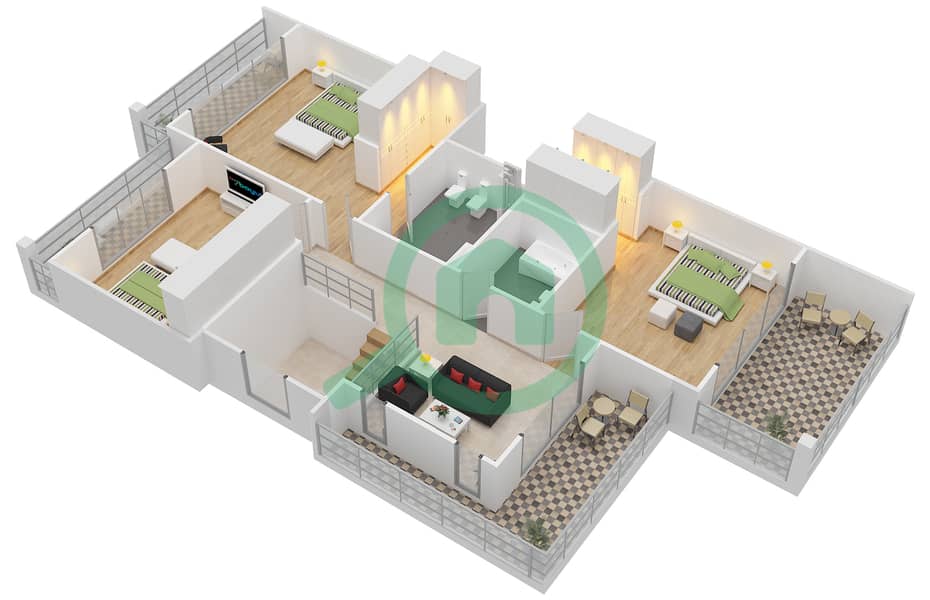 المخططات الطابقية لتصميم النموذج 3EA تاون هاوس 3 غرف نوم - ياس ايكرز First Floor interactive3D