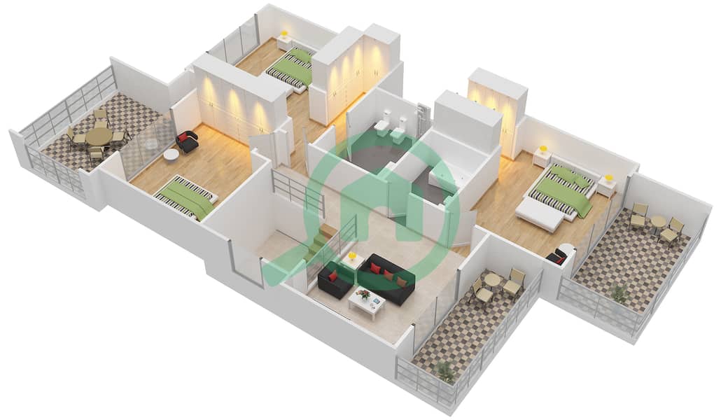 المخططات الطابقية لتصميم النموذج 3EB تاون هاوس 3 غرف نوم - ياس ايكرز First Floor interactive3D