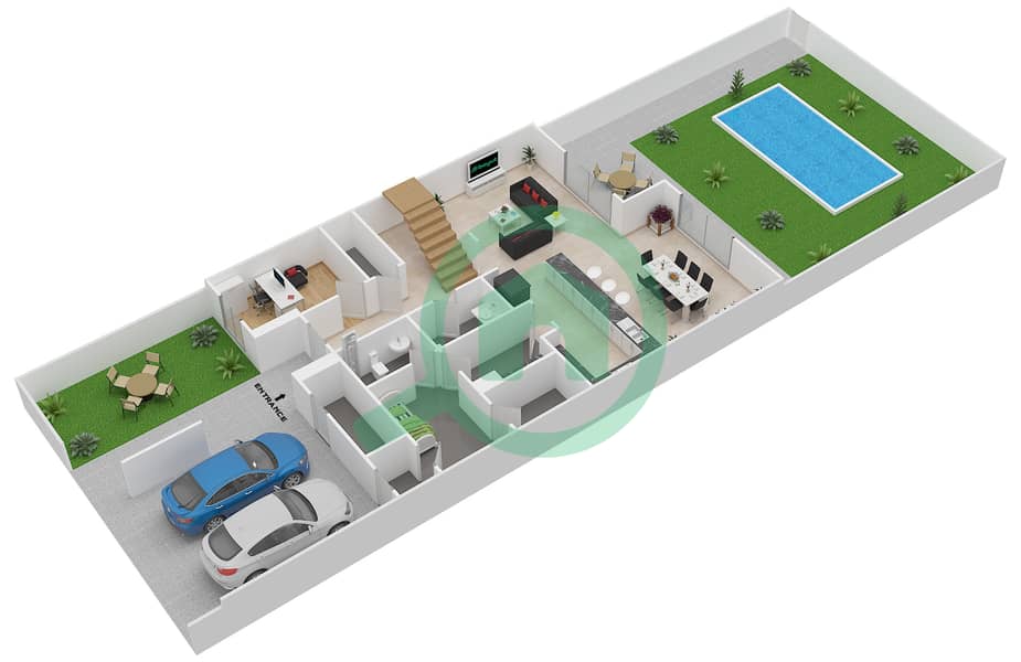 Yas Acres - 3 Bedroom Townhouse Type 3MA Floor plan Ground Floor interactive3D