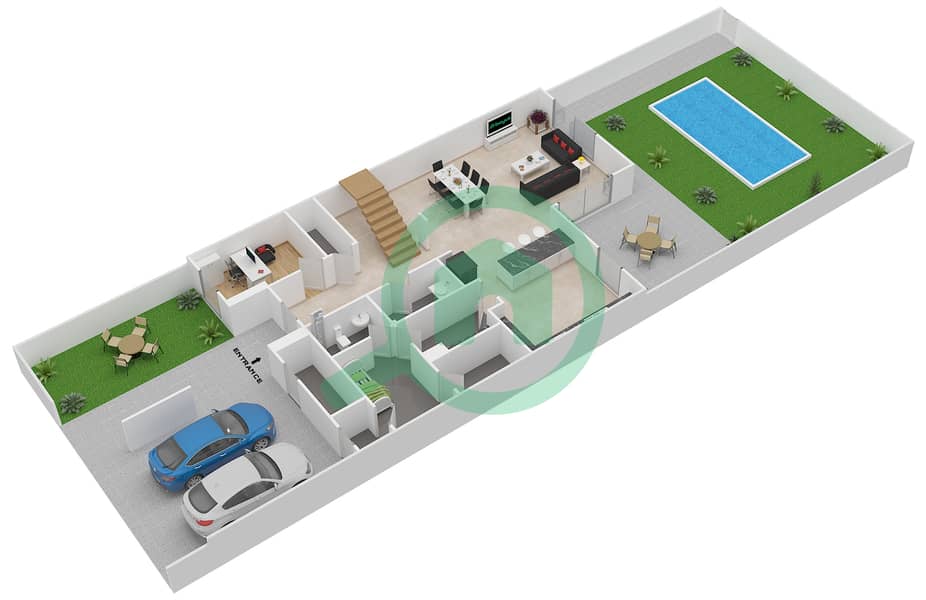 المخططات الطابقية لتصميم النموذج 3MB تاون هاوس 3 غرف نوم - ياس ايكرز Ground Floor interactive3D
