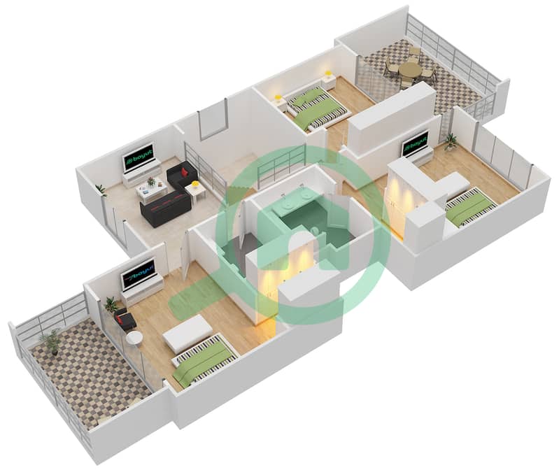المخططات الطابقية لتصميم النموذج 3MB تاون هاوس 3 غرف نوم - ياس ايكرز First Floor interactive3D