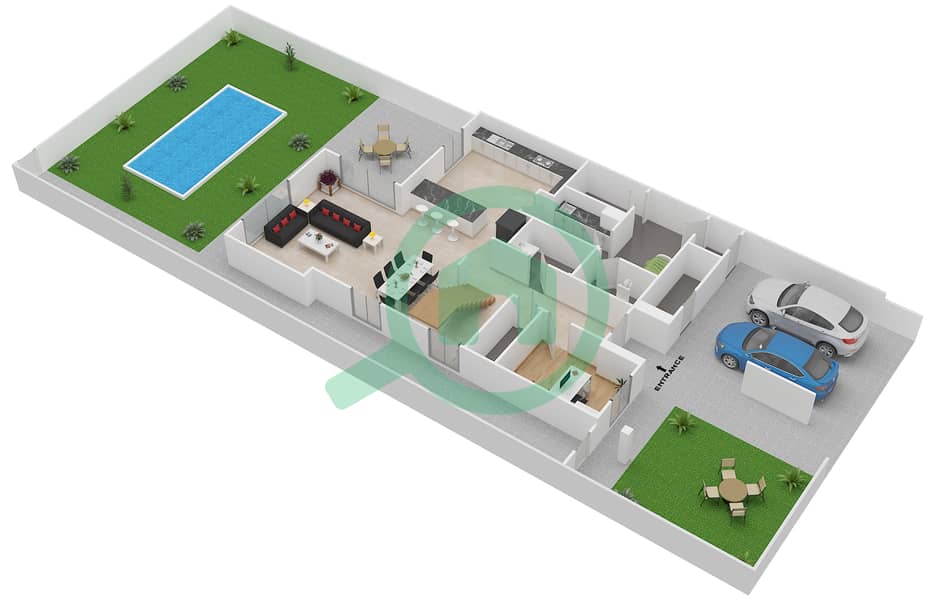 المخططات الطابقية لتصميم النموذج 3EB تاون هاوس 3 غرف نوم - ياس ايكرز Ground Floor interactive3D